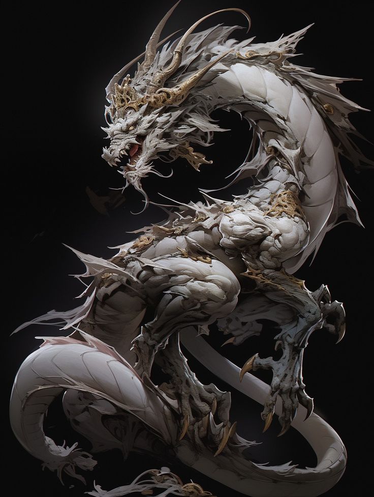 a white dragon statue sitting on top of a black surface