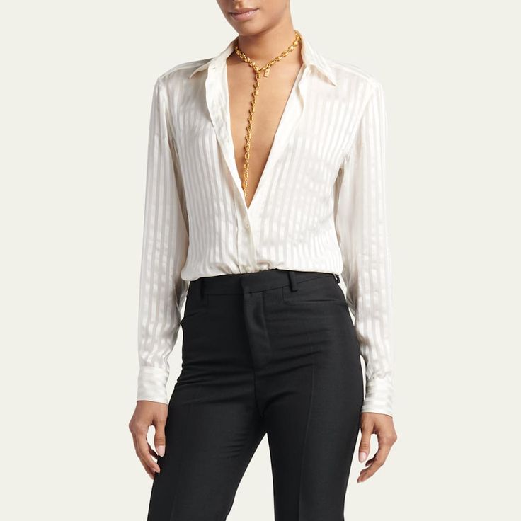 TOM FORD striped silk button-front blouse  Spread collar Long sleeves; button cuffs  Back yoke  Curved hem  Relaxed fit  Silk Made in Italy Stripe Silk, Bergdorf Goodman, Tom Ford, Tops Designs, In Italy, Ford, Long Sleeves, Relaxed Fit, Italy