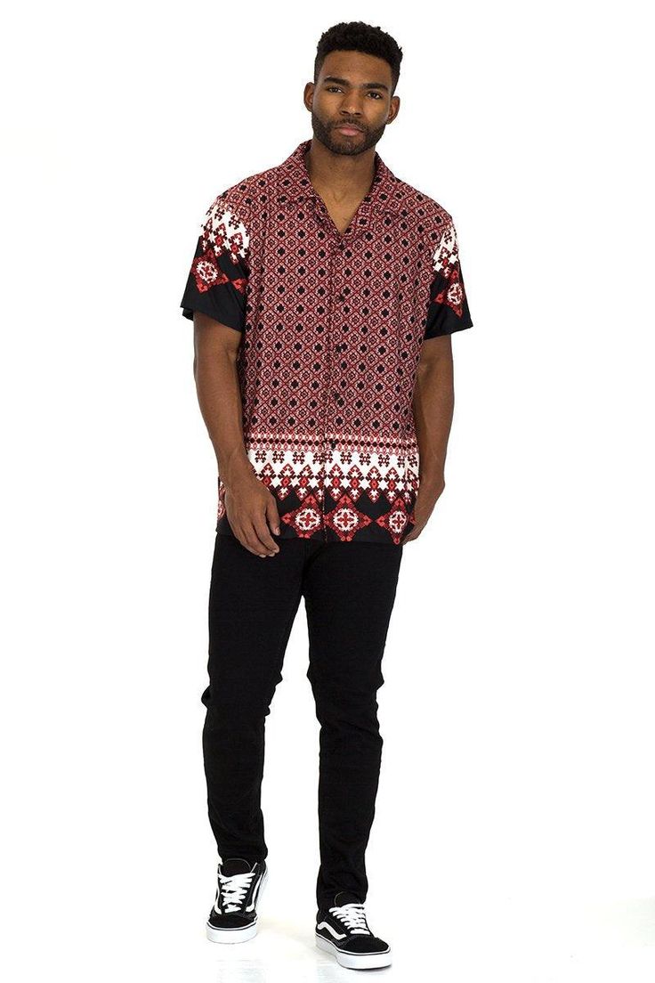 Model is 5''11 wearing a Medium.  Fabric Composition: 95% Polyester, 5% Spandex  Six button closure with collar  Cuban style regular fit  Designed and Made in Los Angeles Casual Collared Short Sleeve Shirt With Print, Casual Collared Short Sleeve Shirt With All Over Print, Casual Fitted Collared Shirt, Fitted Casual Collared Shirt, Fitted Collared Shirt, Casual Style, Casual Printed Polo Collar Top, Collared Hawaiian Shirt With All Over Print, Relaxed Fit Hawaiian Shirt With Collar, Relaxed Fit Collared Hawaiian Shirt With Print