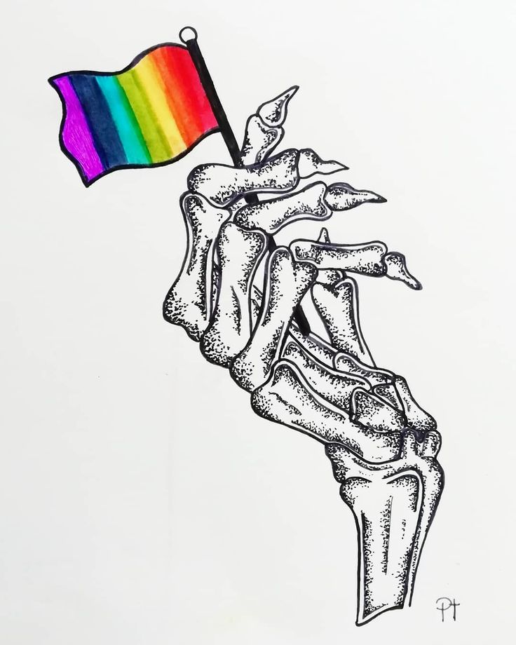 a drawing of a human hand holding a rainbow flag with the other hand on it