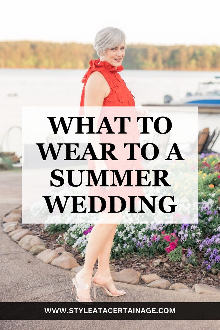 a woman in red dress with text overlay saying what to wear to a summer wedding