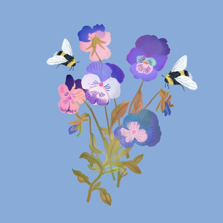 a bunch of flowers that are on a blue background with some bees flying around them