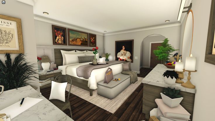 an artist's rendering of a bedroom with white furniture and paintings on the wall