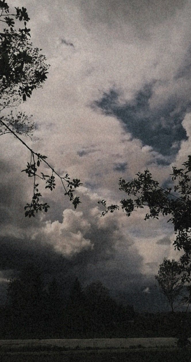 the sky is filled with dark clouds and trees