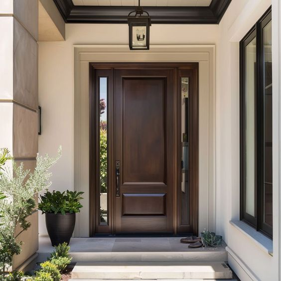 the front door to a house with potted plants on either side and light fixture above it