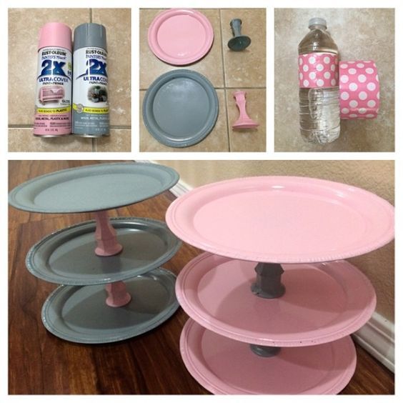 pink and grey cake stands with baking supplies