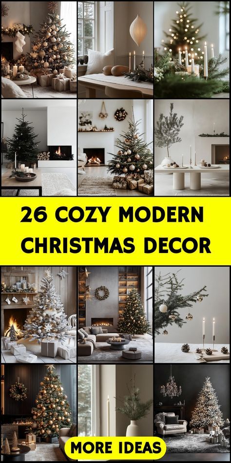 a collage of christmas trees and decorations in various styles, sizes and colors with the words cozy modern christmas decor more ideas