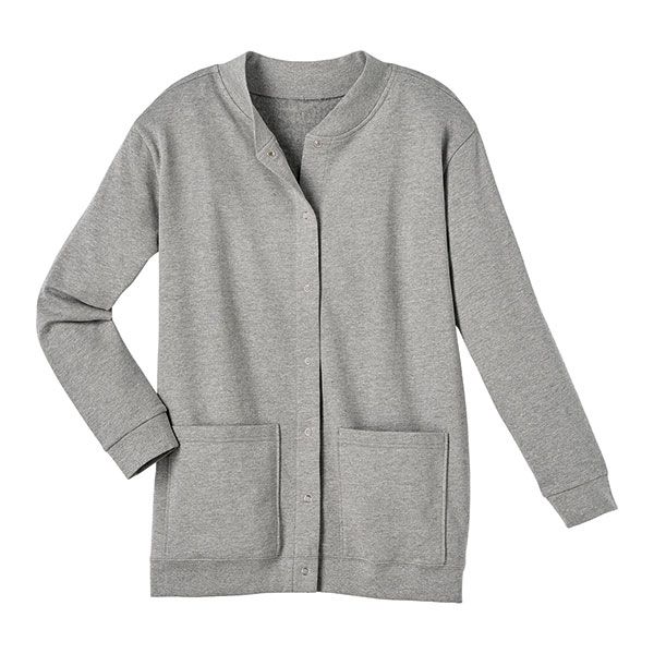 Made of soft cozy fleece, this jacket is the ideal way to stay warm when the weather gets cool. Features large patch pockets and snap front. The longer length makes it easy to layer. Cotton/polyester. Machine wash. Import. Missy: Medium (10-12), Large (14-16), XL (18-20). Women's: 1X (16W-18W), 2X (20W-22W), 3X (24W-26W). Baseball Jacket Women, Sweatshirt Cardigan, Maxi Skirt Style, Fleece Cardigan, Peasant Skirt, Fleece Jacket Womens, Womens Capri Pants, Womens Jackets, Women's Sweatshirts