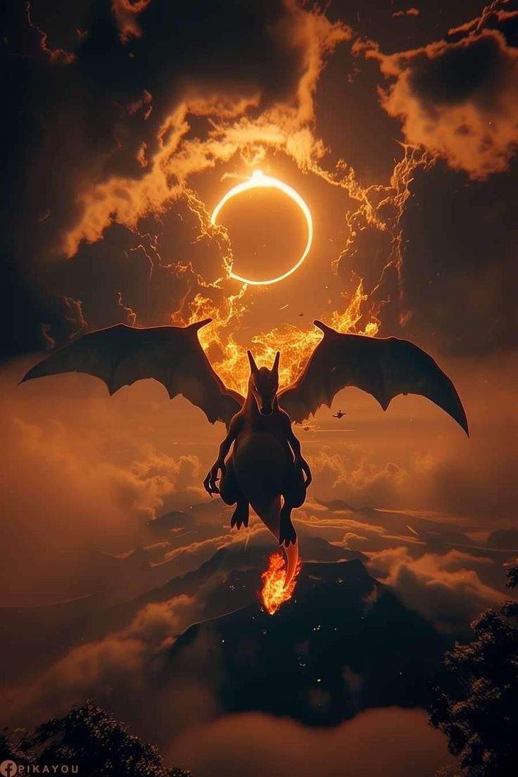 a dragon flying through the air with its wings spread out in front of a sun