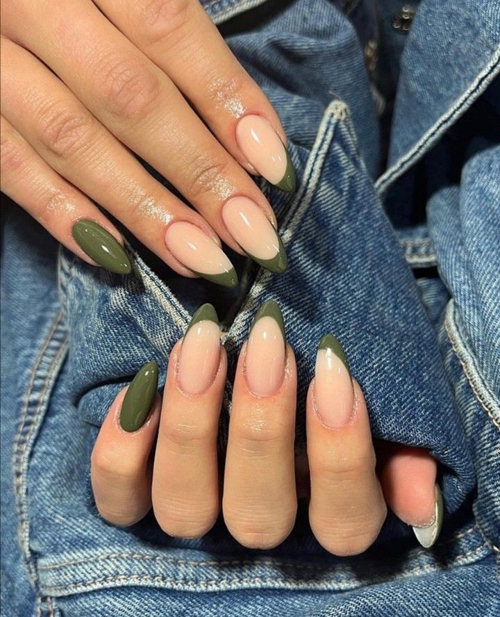 Short Nails Olive Green, Olive Green Nail Art Designs, Olive French Tip Nails Almond, Simple Green Nails Almond, Almond Shaped Olive Green Nails, Green Nail Designs Almond Shape, Olive Shaped Nails, Short Almond Nails Olive Green, Simple Nails Olive Green