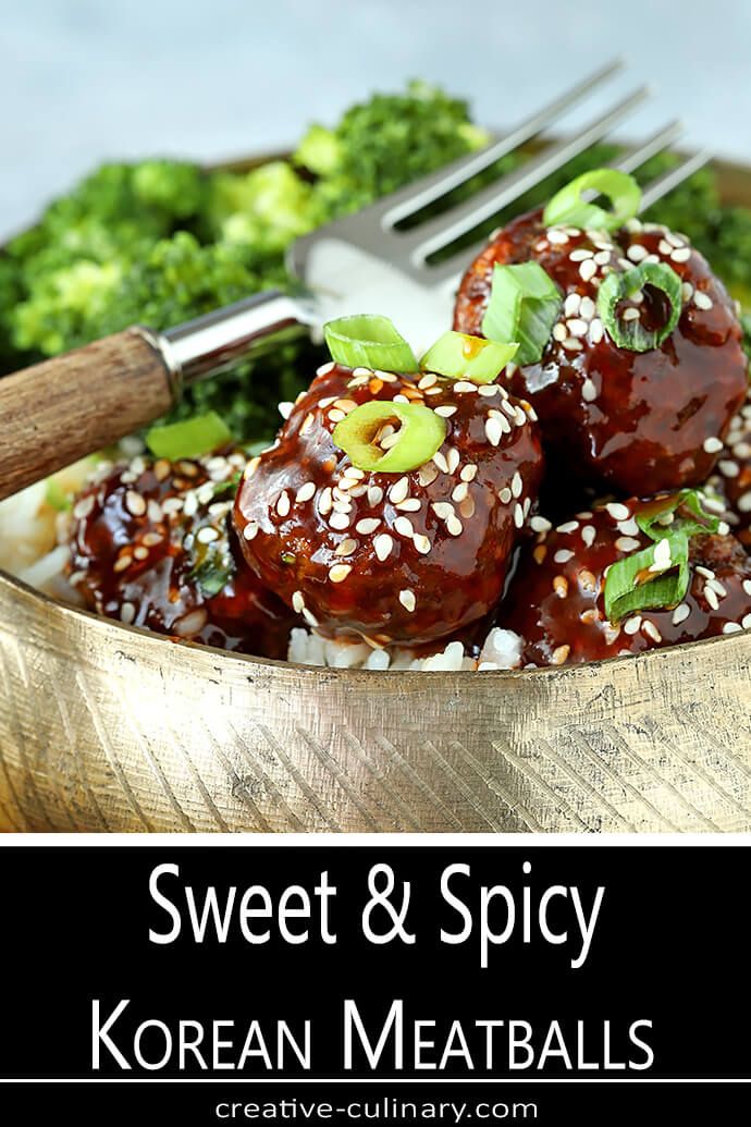 sweet and spicy korean meatballs in a bowl with broccoli