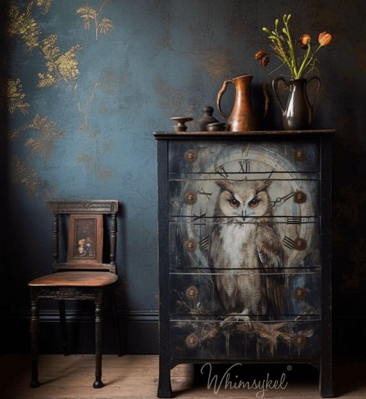 an owl painted on the side of a dresser next to a chair and vase with flowers