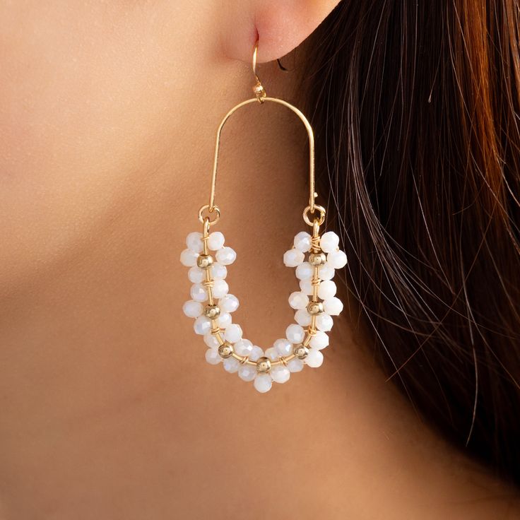 Lightweight Material: gold plated brass Drop: 2.5" For pierced ears IMPORTED White Gold Plated Chandelier Earrings, Nickel Free White Gold Plated Earrings, White Gold Plated Nickel-free Earrings, White Gold Plated Nickel Free Earrings, White Metal Chandelier Earrings For Pierced Ears, Single White Metal Earring, White Gold Plated Single Hoop Earring, White Metal Beaded Earrings With Ear Wire, White Metal Dangle Beaded Earrings