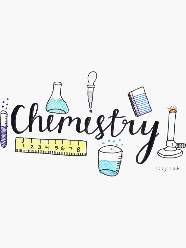 the word chemstry written in cursive writing with science related items around it