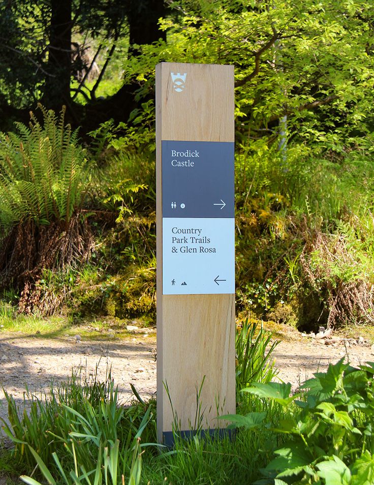 a wooden sign sitting in the middle of a lush green forest