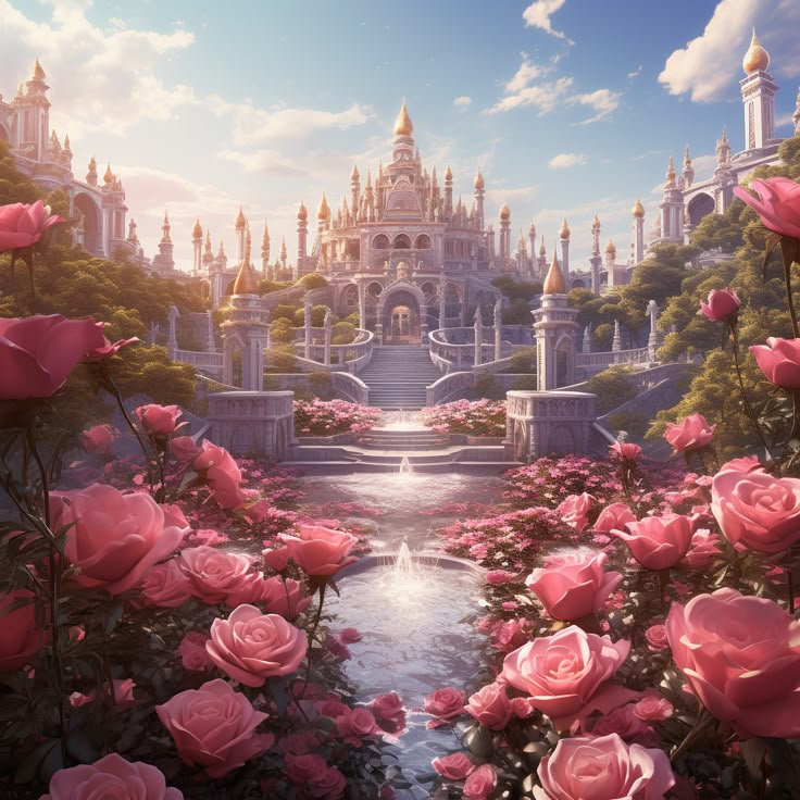 a beautiful castle with lots of pink roses in the foreground and a stream running through it