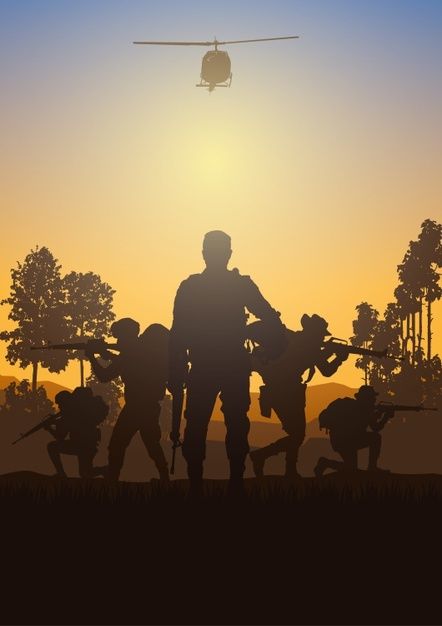 a group of soldiers standing in front of an airplane with the sun setting behind them