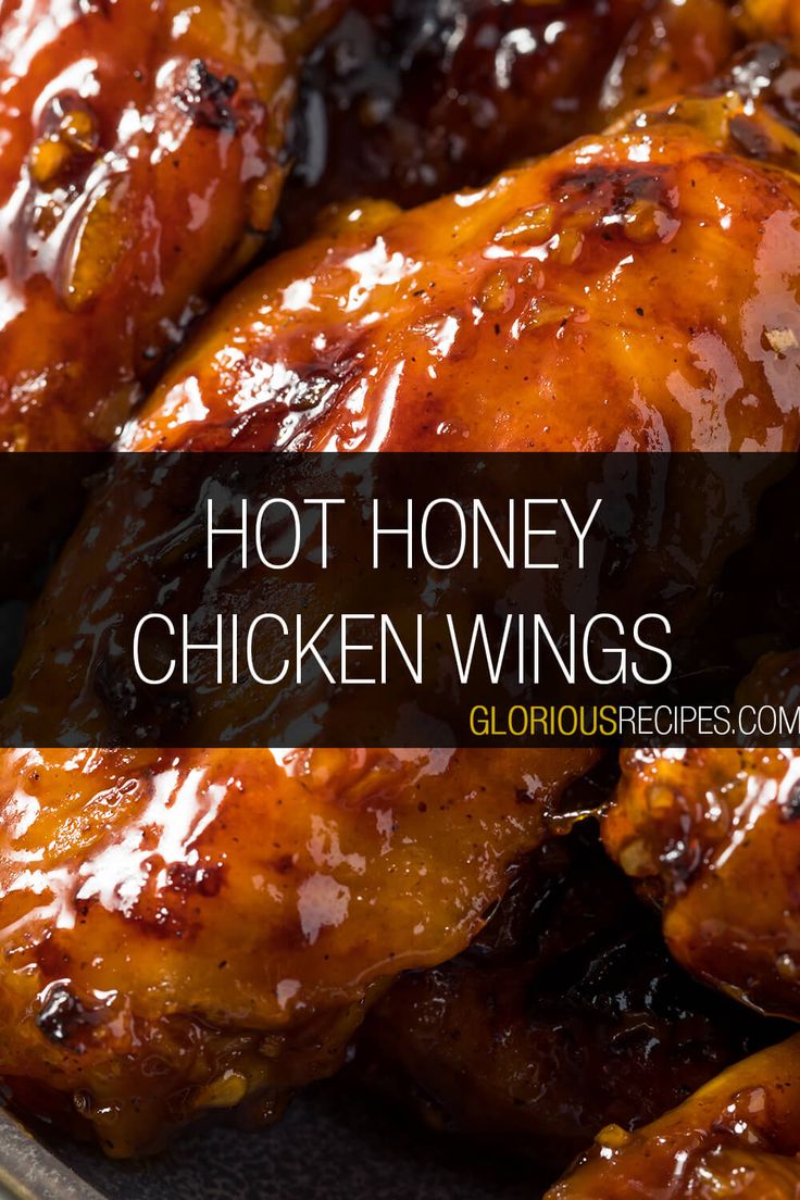 hot honey chicken wings in a pan with text overlay that reads, hot honey chicken wings