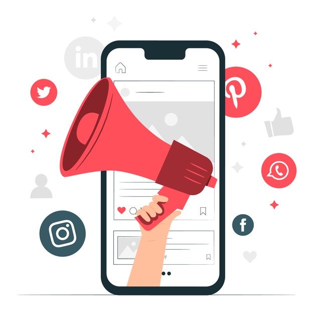 a hand holding a red megaphone with social media icons surrounding it