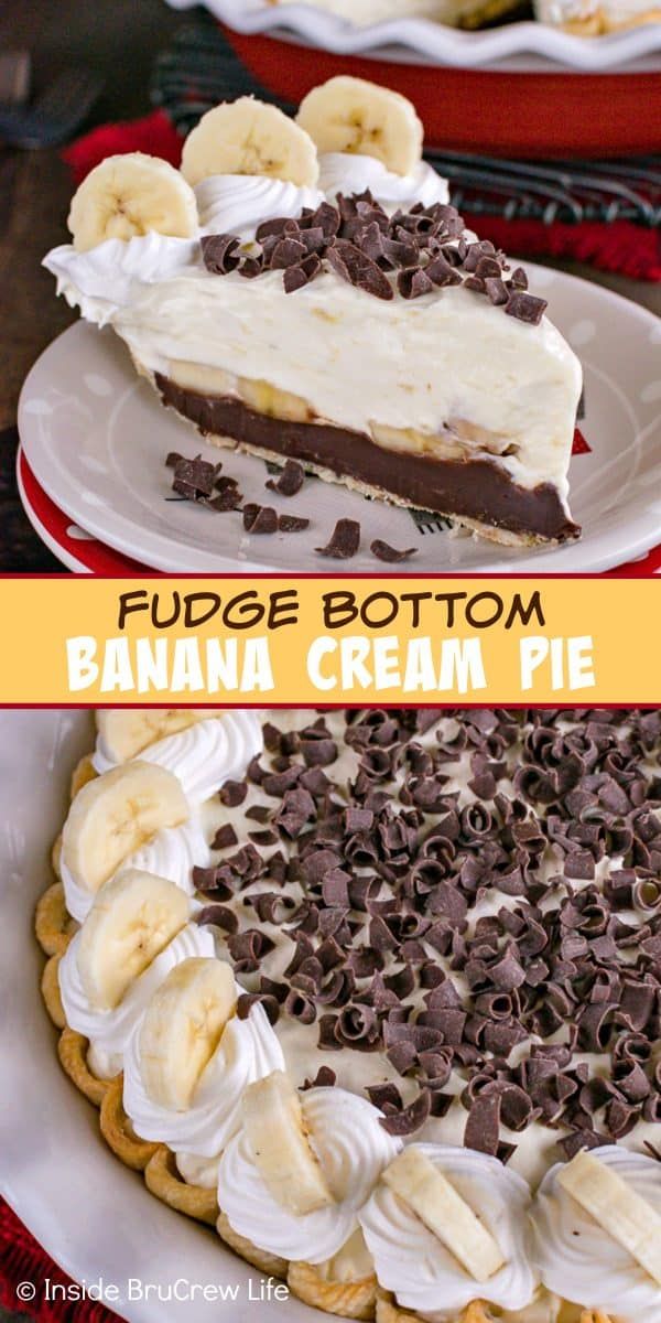 two pictures of a banana cream pie with chocolate chips on top