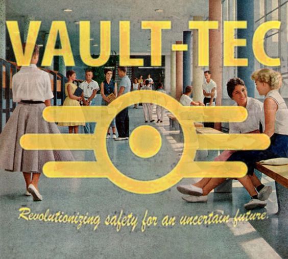 an advertisement for vault tec featuring women sitting on benches and talking to each other