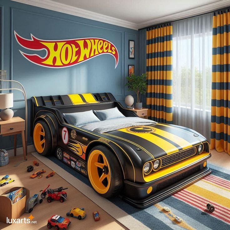 a child's bedroom decorated in blue, yellow and black with a hot wheels car bed