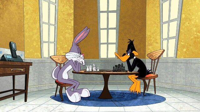 cartoon characters playing chess in an old fashioned room