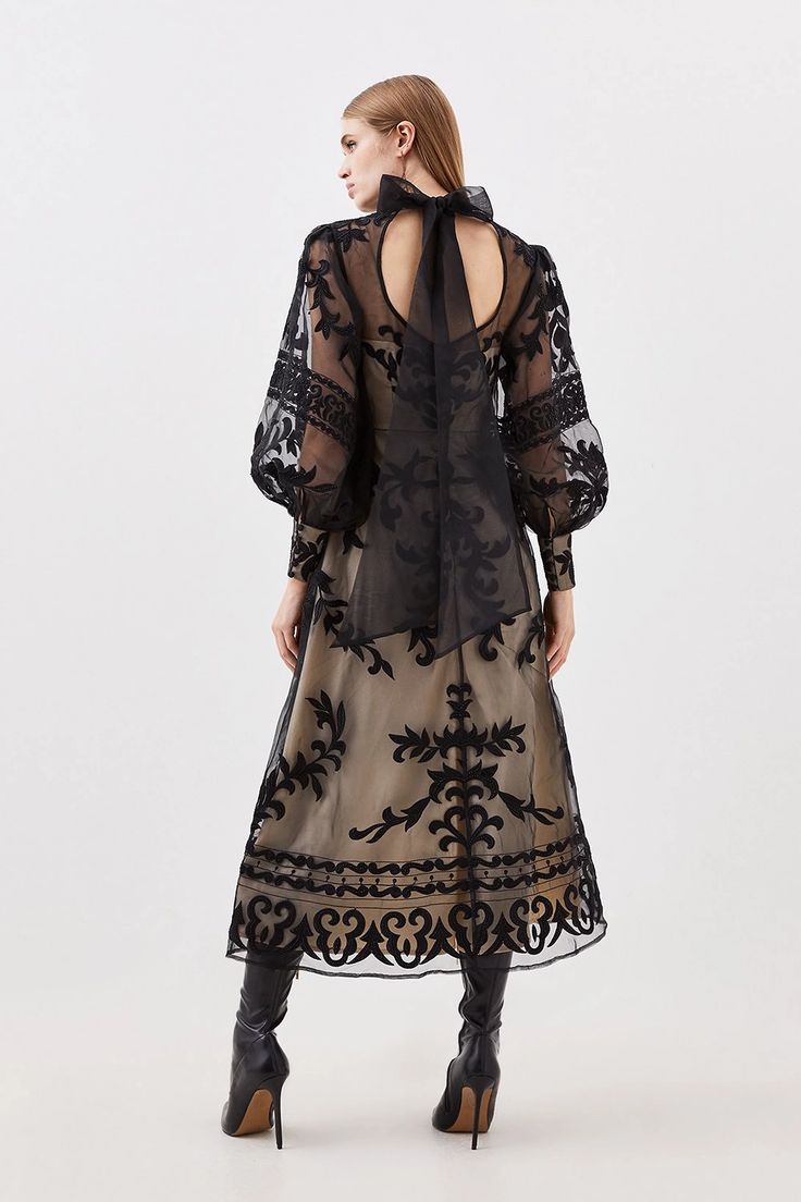 Baroque Applique Woven Maxi Dress | Karen Millen Fitted Maxi Dress With Lantern Sleeves For Party, Elegant Embroidered Midi Cocktail Dress, Elegant Embroidered Midi Dress For Evening, Evening Maxi Dress With Embroidered Sleeves, Elegant Embroidered Midi Length Dress For Wedding, Evening Dress With Lantern Sleeves, Chic Party Dress With Balloon Sleeves, Elegant Formal Embroidered Midi Dress, Elegant Embroidered Midi Dress For Formal Occasions