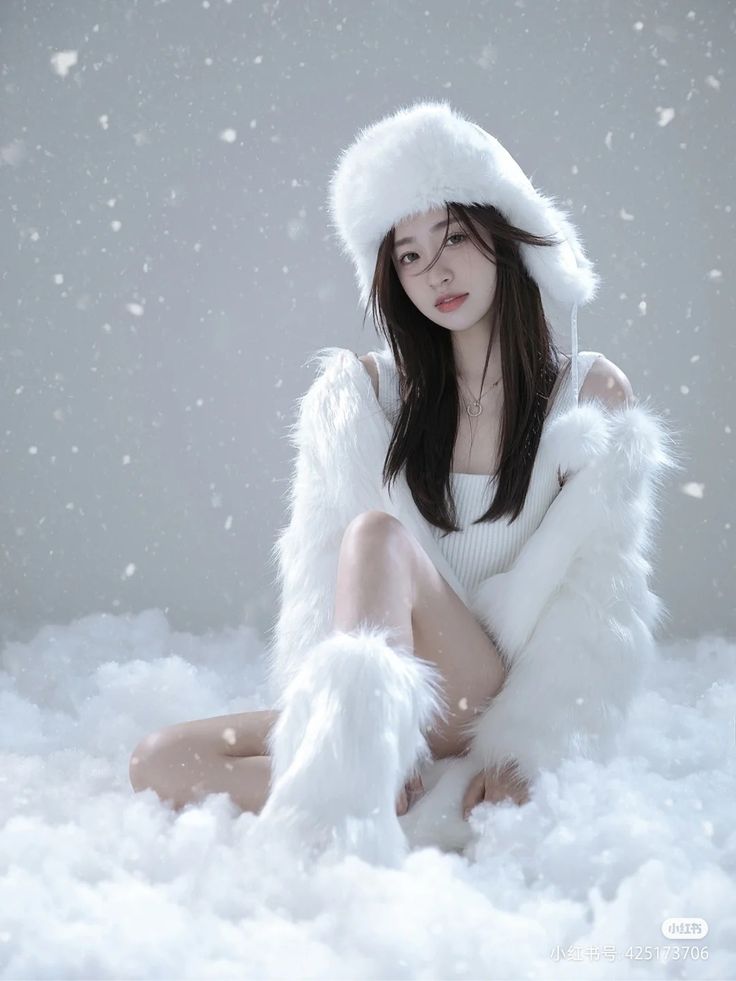 a woman sitting in the snow wearing white fur