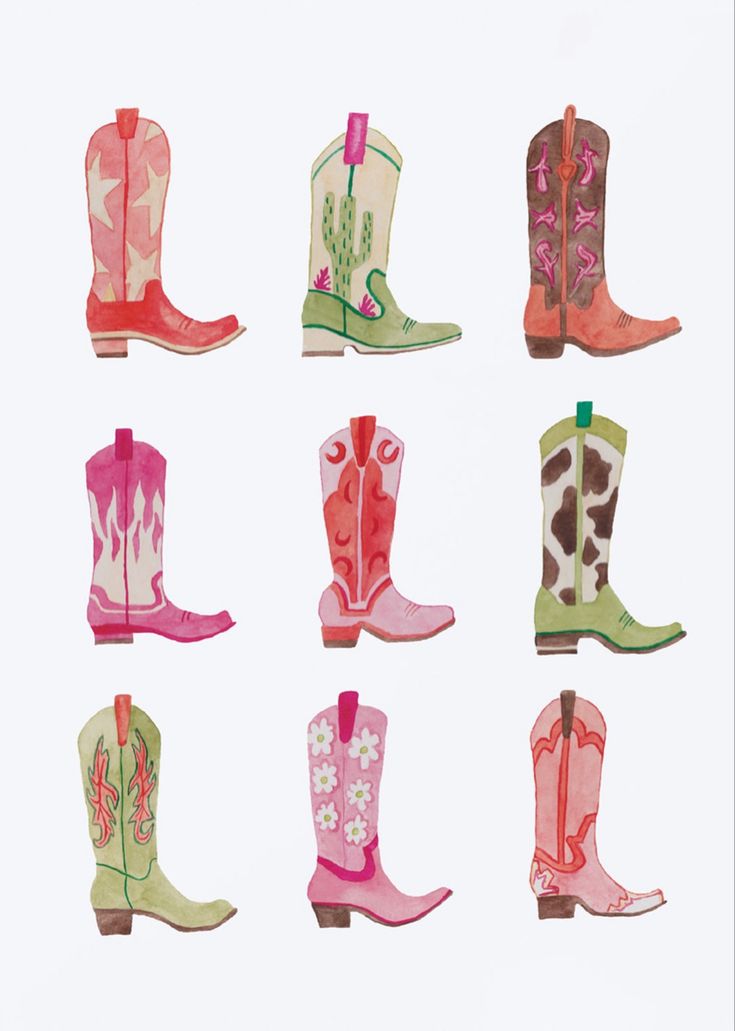 six pairs of cowboy boots painted in pink, green, and white with flowers on them