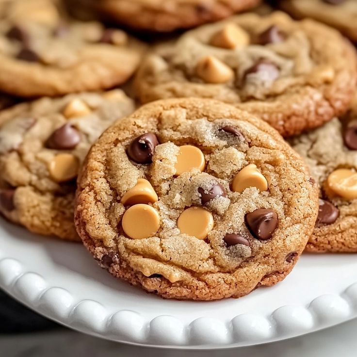 chocolate chip cookies are on a white plate