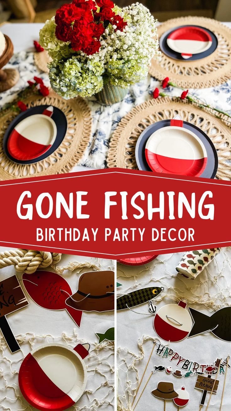 Fishing bobby plates and other Fishing party decorations for a Gone Fishing Birthday party Fishing Birthday Party Decorations, Fishing Party Decor, Gone Fishing Birthday Party, Fish Balloons, Fishing Decorations, Fishing Baby Shower, Gone Fishing Party, Fishing Party Decorations, Hunting Birthday Party