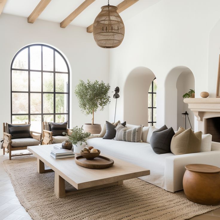 a living room filled with lots of furniture and a fire place in front of a large window