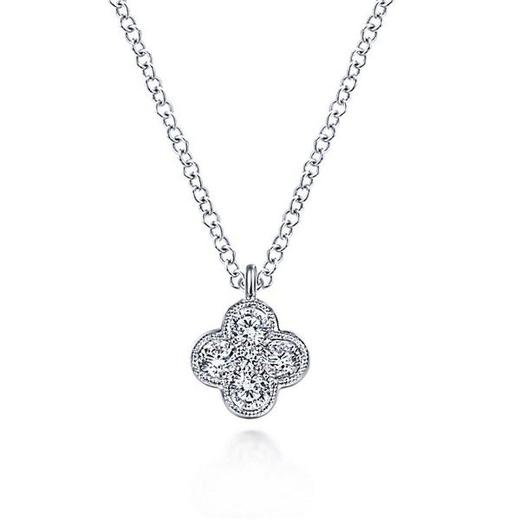 Pave Diamond Quatrefoil Necklace-Gabriel & Co-Swag Designer Jewelry Diamond Pendants Designs, Clover Pendant, White Gold Chain, White Gold Earrings Studs, White Gold Studs, Pave Pendant, Gold Fashion Necklace, White Gold Chains, Classic Necklace