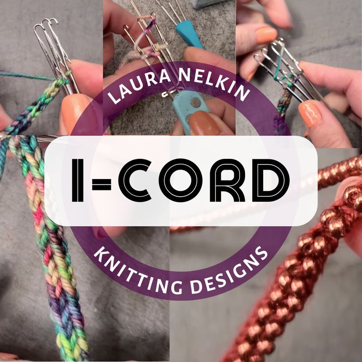 the words i - cord knitting designs are shown in four different pictures, including one with scissors