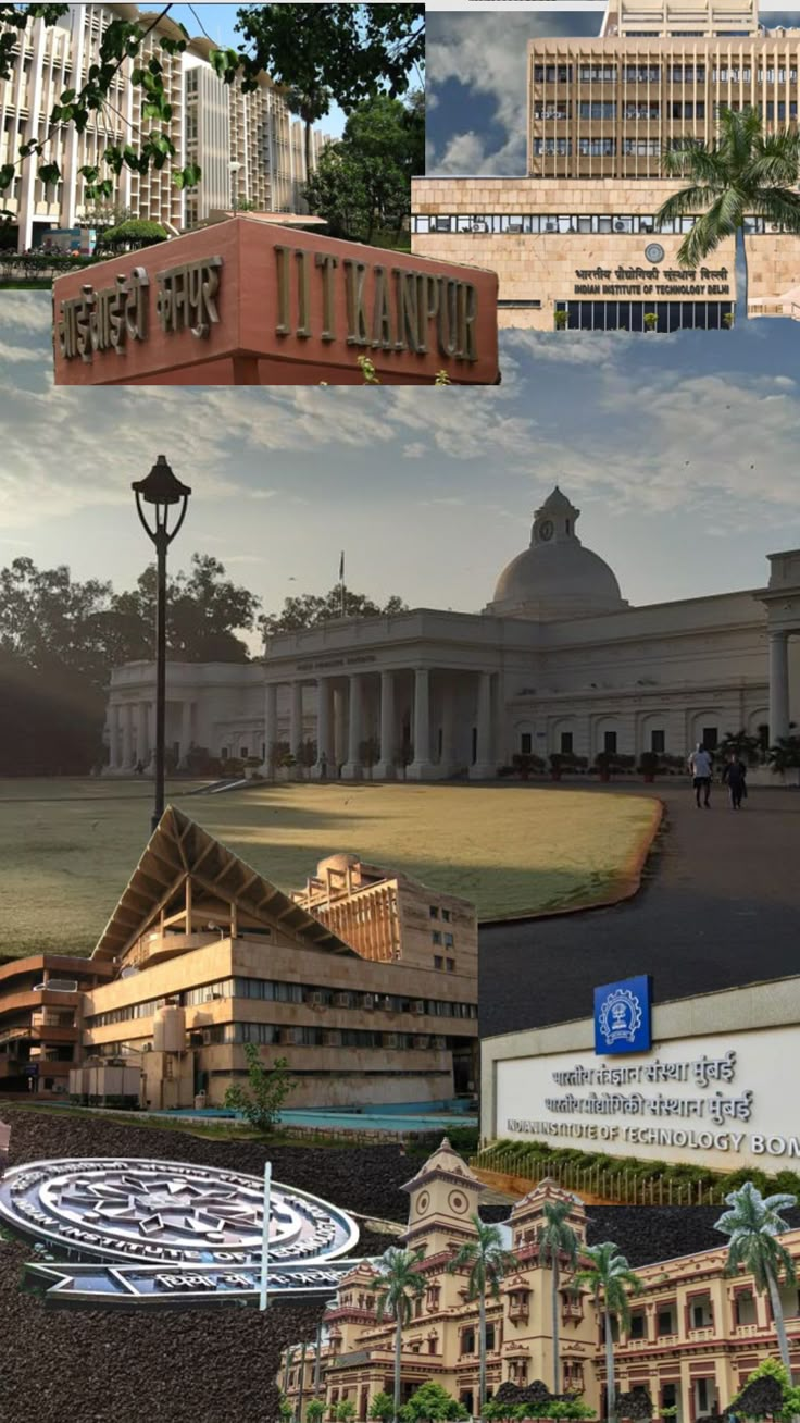 the collage shows many different buildings and trees in front of them, including a clock tower