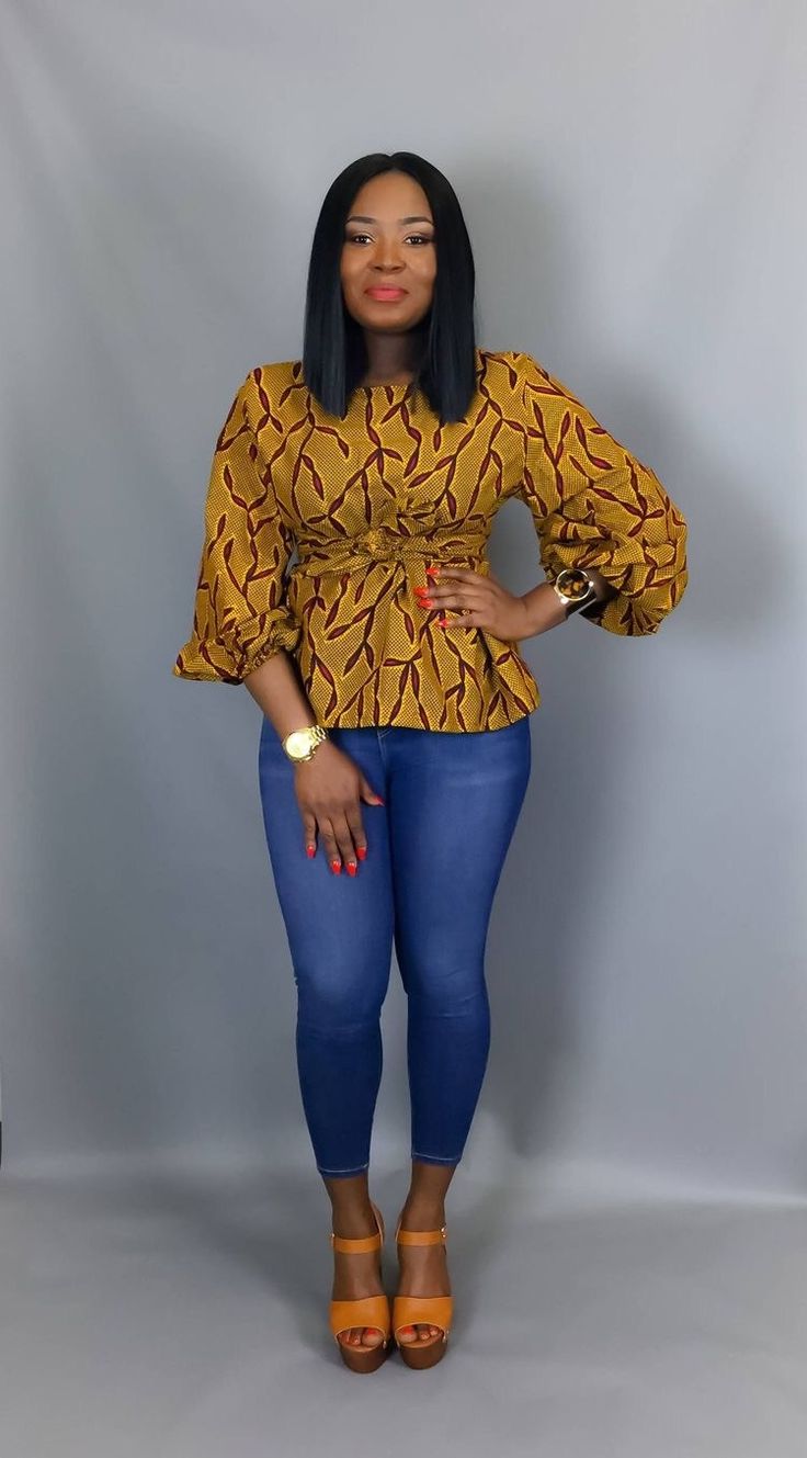 African Prints Top And Jeans Styles To Rock This Weekend!  | FashionGHANA.com: 100% African Fashion Ankara Top Styles, African Blouses, Mode Prints, Ankara Tops, African Tops, African Print Tops, Afrikaanse Mode, Casual Styles, African Print Dresses