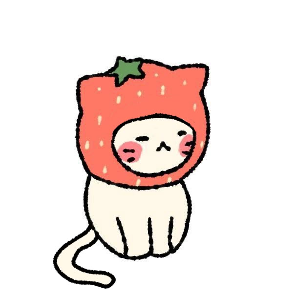 a drawing of a cat wearing a strawberry hat