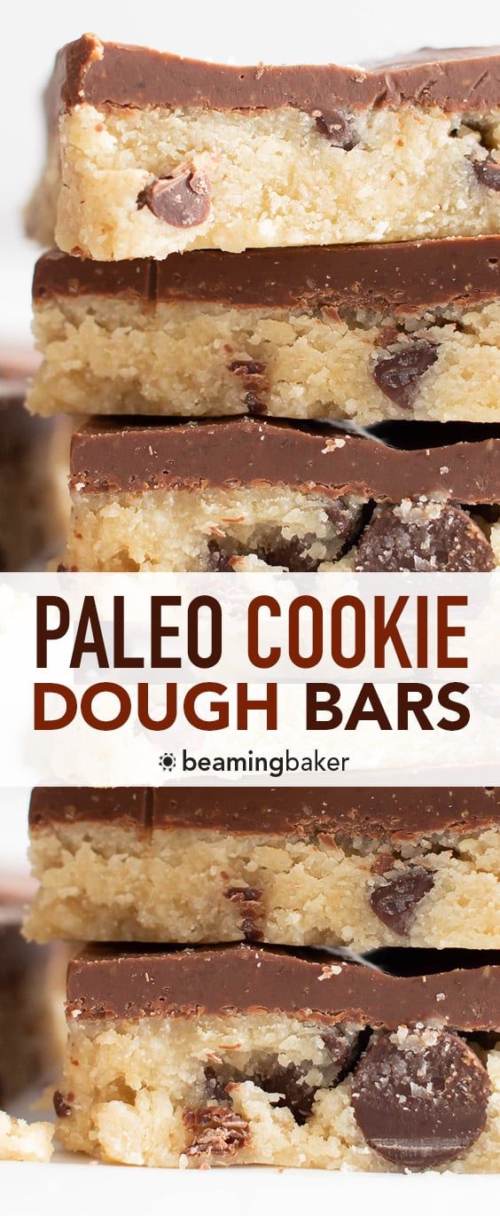 four pieces of paleo cookie dough bars stacked on top of each other with chocolate chips