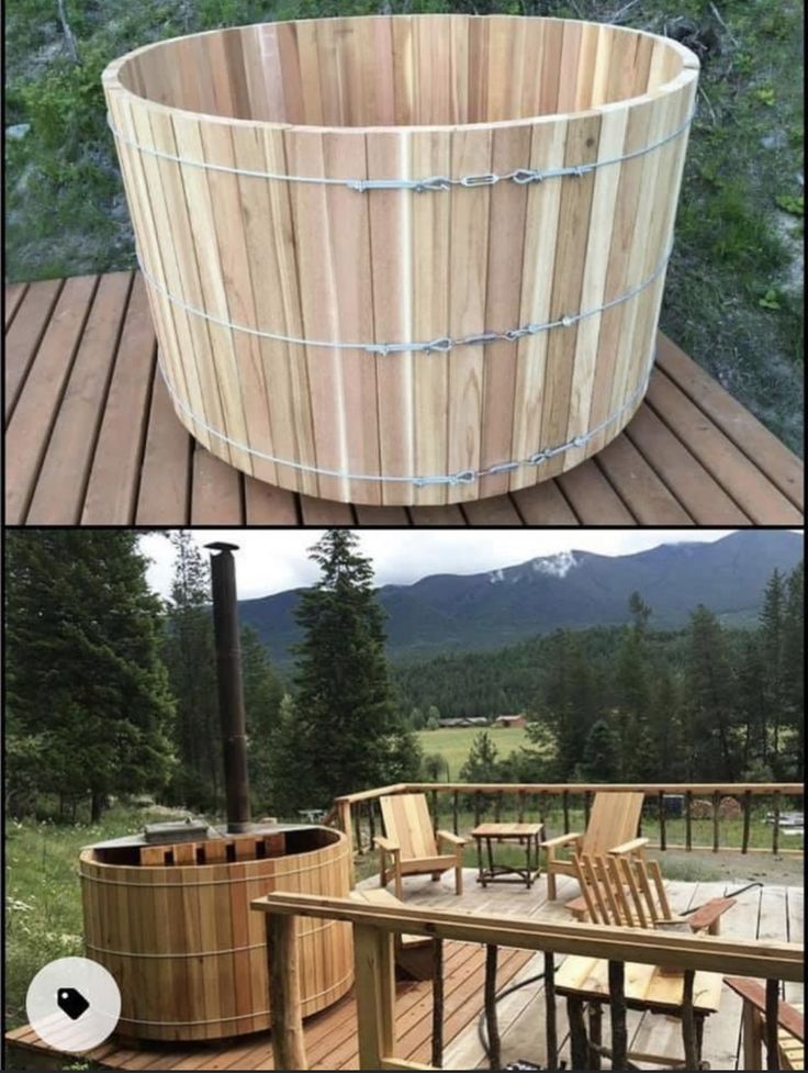 a wooden hot tub sitting on top of a wooden deck