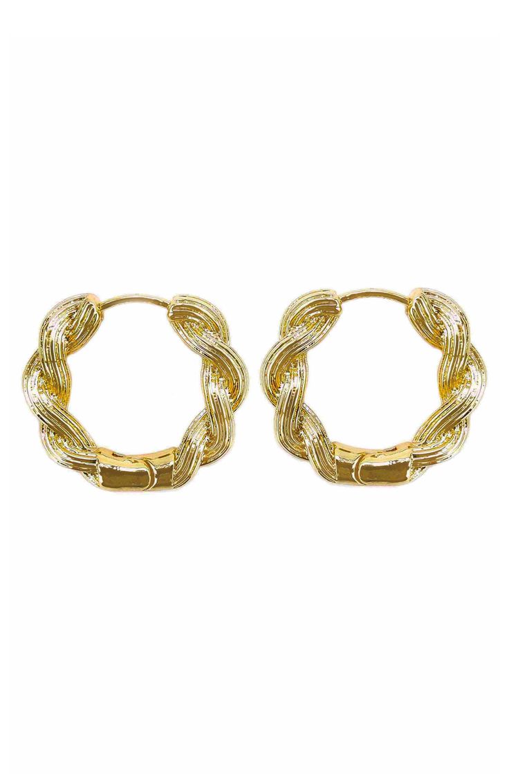 Artful twisting adds an extra dimension of sophistication to these 14-karat gold-plated hoop earrings. 1" diameter Snap-post closure 14k-gold plate Imported Twisted Gold Plated Yellow Gold Hoop Earrings, Twisted Yellow Gold Hoop Earrings, Tarnish Resistant, Gold Plated Hoop Earrings With A Modern Twist, Modern Twist Metal Twisted Hoop Earrings, Gold Hypoallergenic Hoop Clip-on Earrings, Modern Twist Metal Hoop Earrings, Modern Twisted Metal Hoop Earrings, Twisted Gold Metal Jewelry, Modern Twist Tarnish Resistant Twisted Earrings