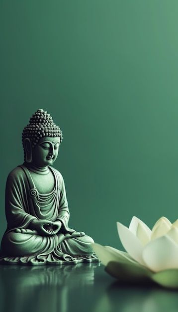 a buddha statue sitting in front of a white flower on a table with a green background