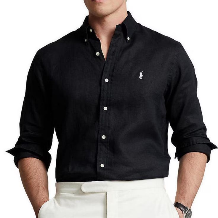 Polo Ralph Lauren Button-Down Collar Logo-Embroidered 100% Linen Shirt Slim Fit Brand New With Tags And Mr. Porter Tags Attached Classic Black Button-up Shirt, Designer Black Shirt With Button Cuffs, Elegant Black Shirt With Casual Collar, Designer Black Shirt With Button Closure, Designer Black Shirt With Spread Collar, Black Slim Fit Top With Spread Collar, Designer Black Cotton Shirt, Designer Black Tops With Spread Collar, Designer Black Top With Spread Collar