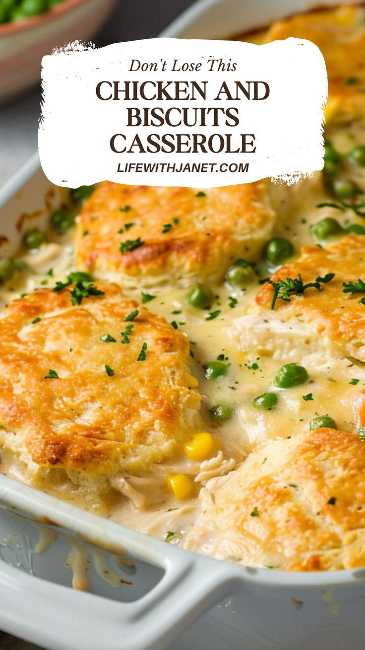 chicken and biscuit casserole in a white dish with text overlay that reads, don't lose this chicken and biscuit casserole casserole