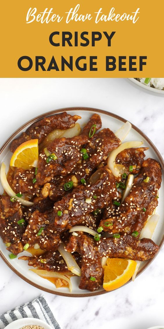 A white plate filled with crispy deep fried beef and sprinkle with spring onion and sesame seeds. Orange Beef Recipe, Crispy Orange Beef, Sauce For Beef, Shaved Beef Recipe, Chinese Beef Recipes, Crispy Chilli Beef, Shredded Beef Recipes, Weston Price, Orange Beef