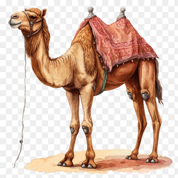 a drawing of a camel with a saddle on it's back, transparent background