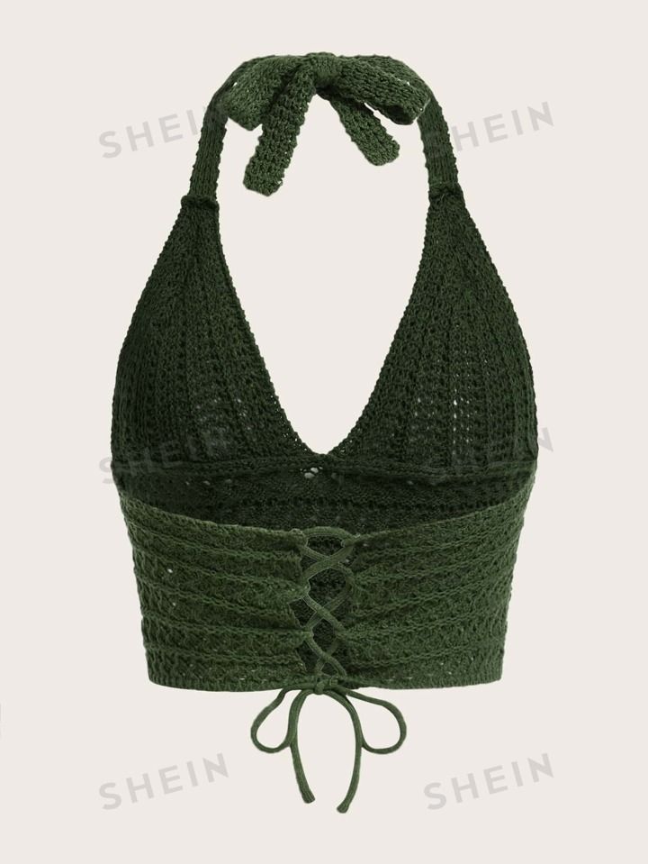 ROMWE Solid Tie Back Knit Top | SHEIN USA Crochet Halter Top Pattern, Halter Top Pattern, Crochet Crop Top Pattern, Crochet Tops Free Patterns, Crochet Bralette, Crochet Halter, Casual Sweater, Crochet Halter Tops, Crochet Top Pattern