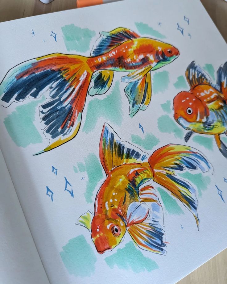 two goldfishs are shown in this watercolor and ink painting technique on paper