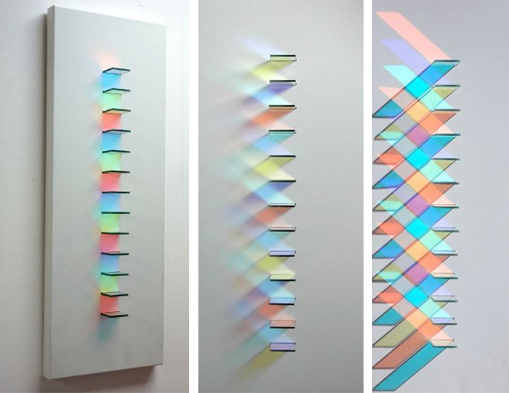 three different images of the same art work, each with colorful lines and shapes on them