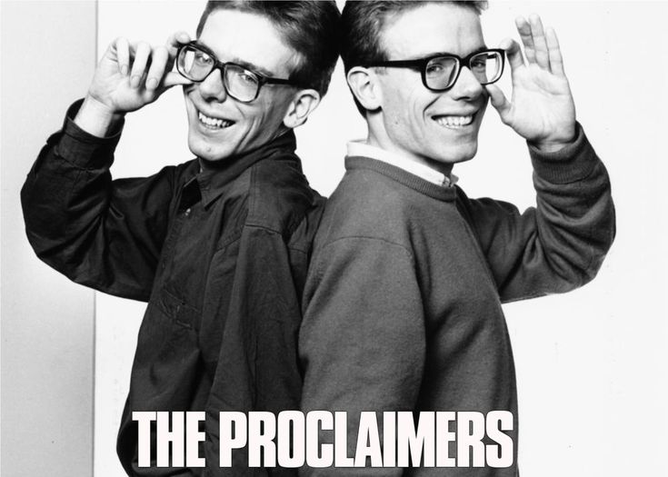 two men wearing glasses are standing next to each other with the words, the proclaimmers